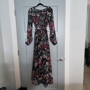 Sheer Floral Maxi Dress Long Sleeve Tie Waist Boho Romantic Size L